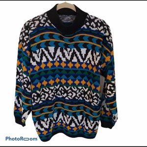 Vintage Mock Neck Colorful Geometric Knit Sweater Long Sleeve Grandpa Women's M